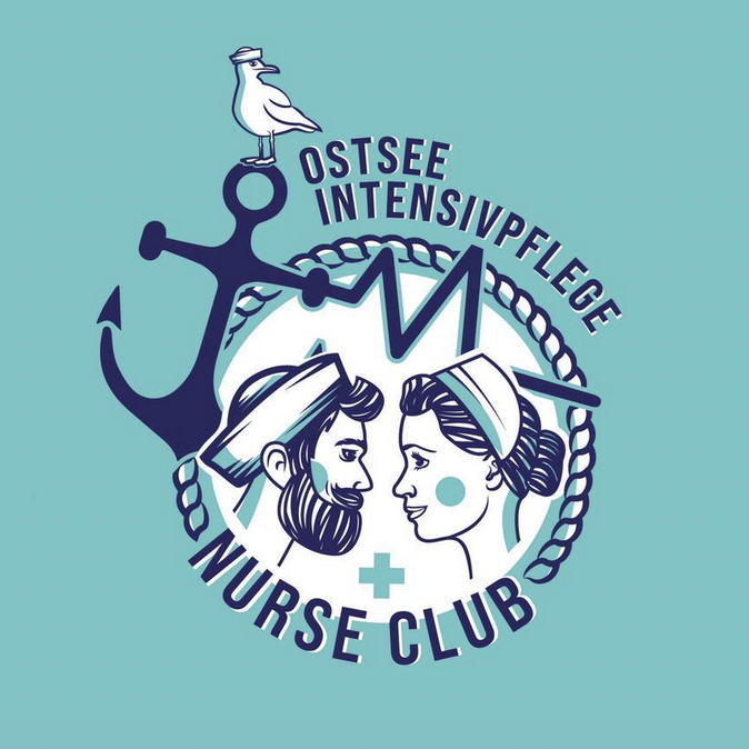Logo Ostseeintensivpflege und Nurse Club Rostock Firmenlogo maritim mit Anker und Möwe sowie Pflegepersonal
